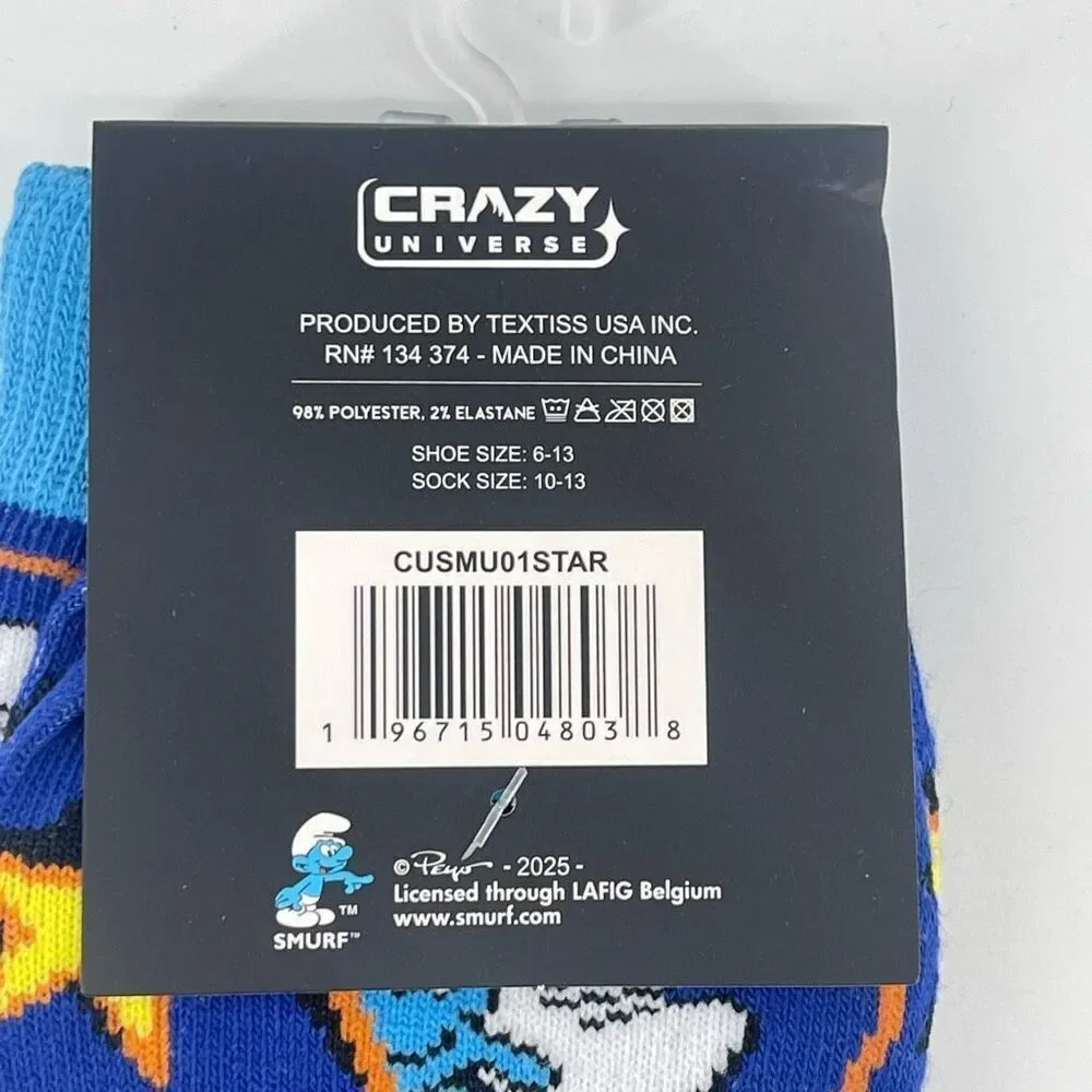 Smurfs Unisex Crew Socks Blue Yellow Stars Cartoon Style Fits Shoe Size 6–13